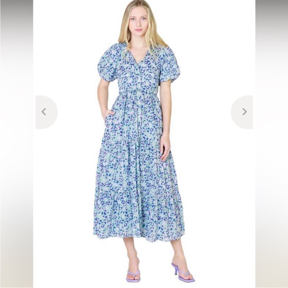 Banjanan Poppy Run Bud Blueprint Midi Dress Puff Sleeves Button Front Size L